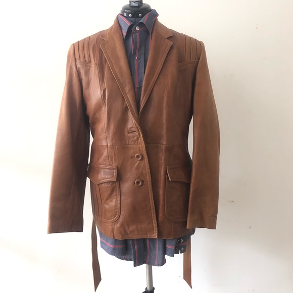 Vintage 70s Belted Leather Jacket Caramel Brown Leather Cognac Tailored Medium - Picture 4 of 16